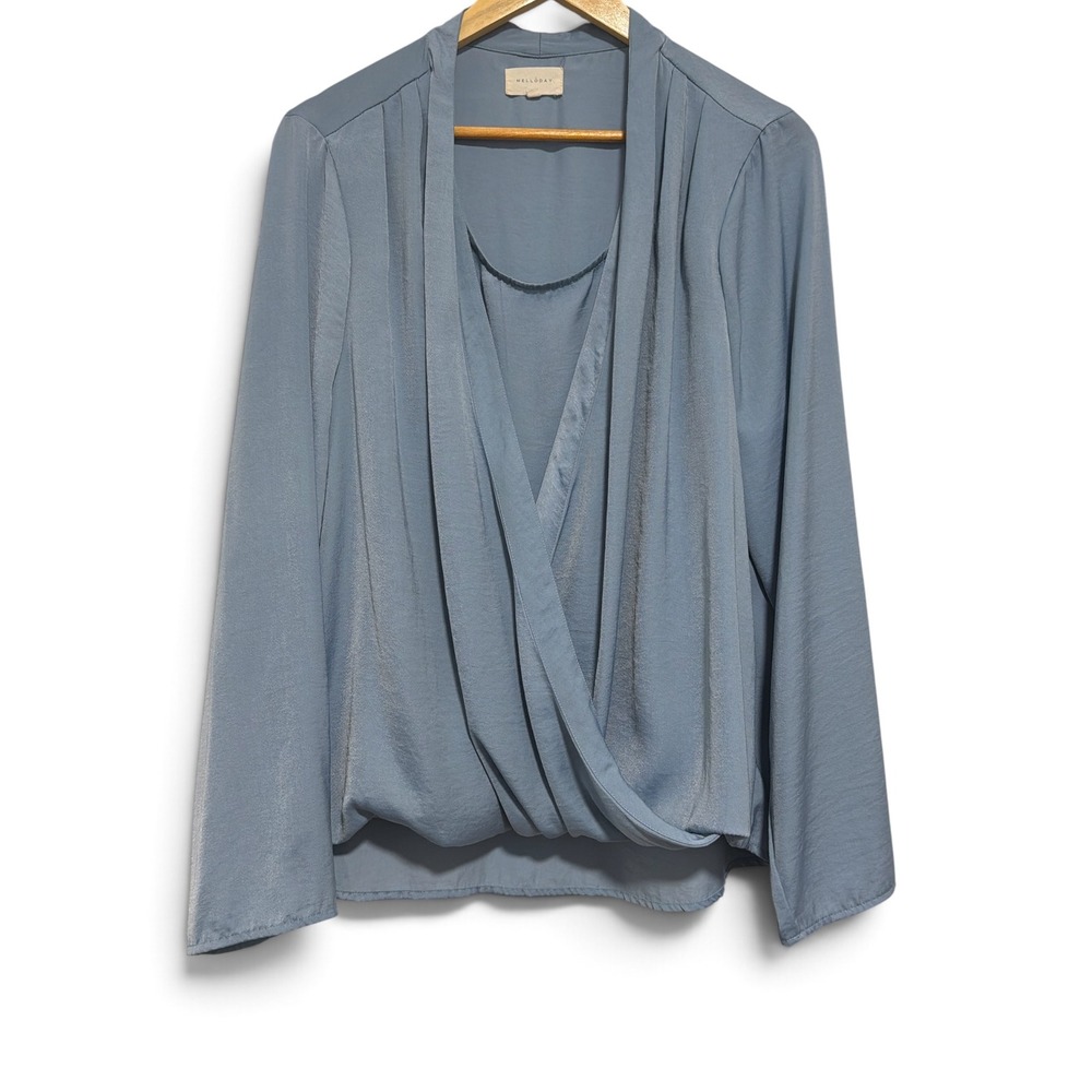 Melloday Women Blue Draped Surplice Long Sleeve Blouse XL